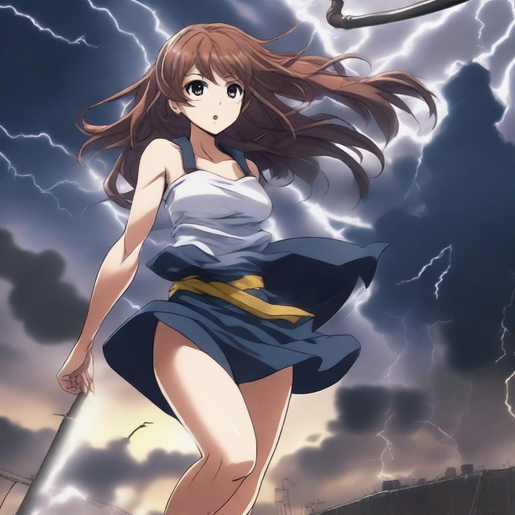 A dramatic scene featuring a hot and sexy anime girl being pulled away by a powerful tornado