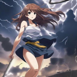 A dramatic scene featuring a hot and sexy anime girl being pulled away by a powerful tornado