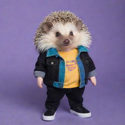 Teenage female hedgehog in violet, adorned in a black jean jacket and shoes with a black stripe on a blue base. Her stomach is light peach, she holds a cyan emerald, all against a purple background and wears a yellow shirt.