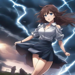 A dramatic scene featuring a hot and sexy anime girl being pulled away by a powerful tornado