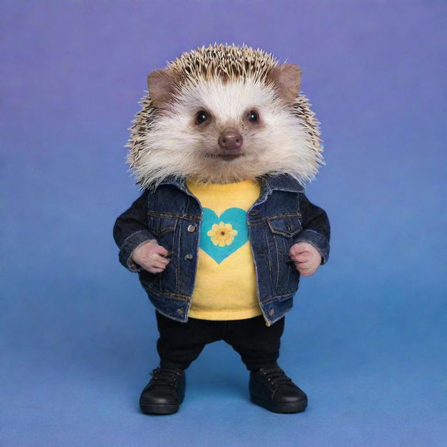 Teenage female hedgehog in violet, adorned in a black jean jacket and shoes with a black stripe on a blue base. Her stomach is light peach, she holds a cyan emerald, all against a purple background and wears a yellow shirt.