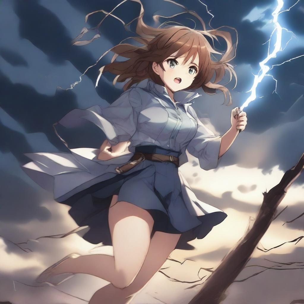 A dramatic scene featuring a hot anime girl caught in a tornado, holding onto a light post for dear life with one hand