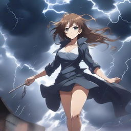 A dramatic scene featuring a hot anime girl caught in a tornado, holding onto a light post for dear life with one hand