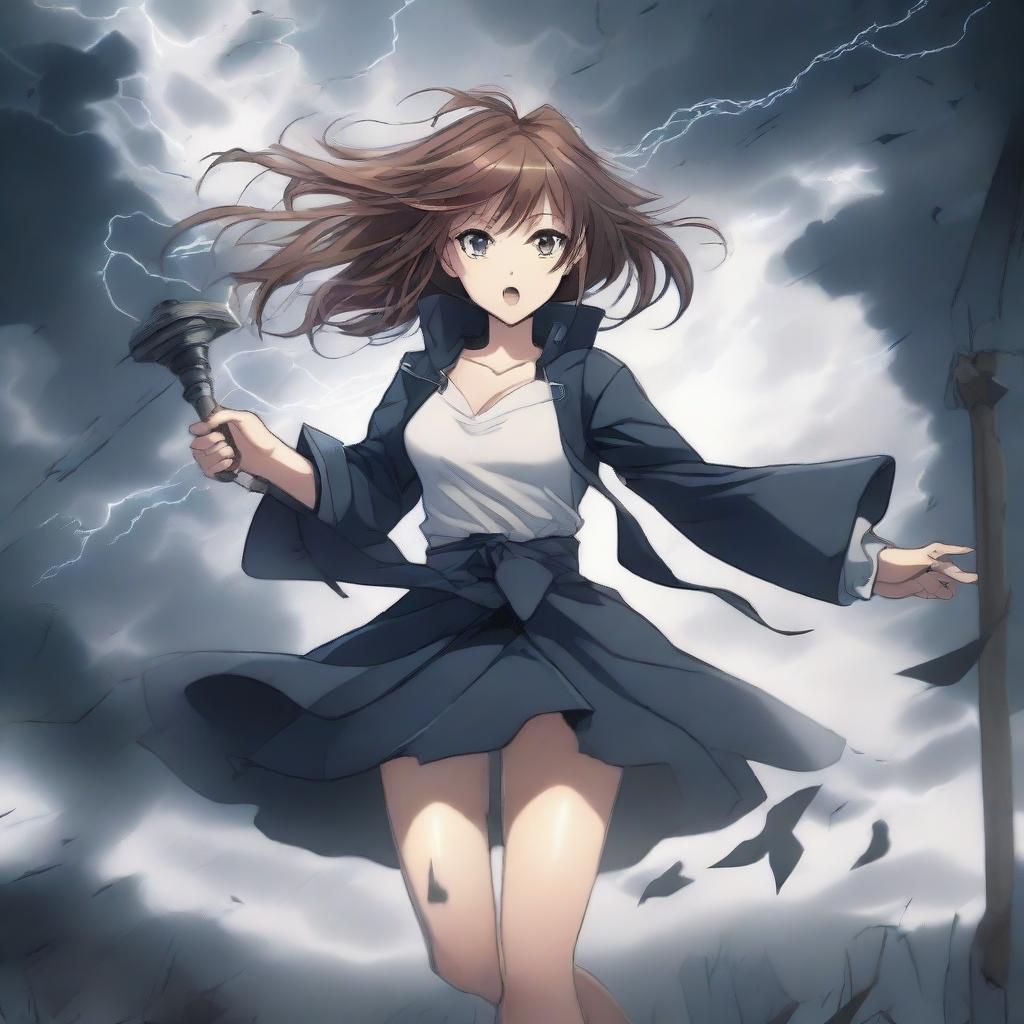 A dramatic scene featuring a hot anime girl caught in a tornado, holding onto a light post for dear life with one hand