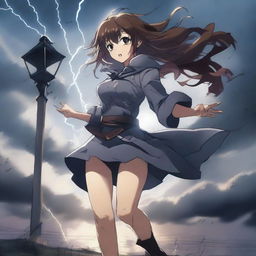 A dramatic scene featuring a hot anime girl caught in a tornado, holding onto a light post for dear life with one hand