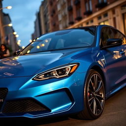 A car with a sleek and modern design, painted in a rich and vibrant china blue color