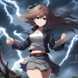 A dramatic scene featuring a hot anime girl caught in a tornado, holding onto a tree for dear life with one hand