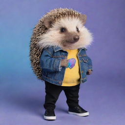 Teenage female hedgehog in violet, adorned in a black jean jacket and shoes with a black stripe on a blue base. Her stomach is light peach, she holds a cyan emerald, all against a purple background and wears a yellow shirt.