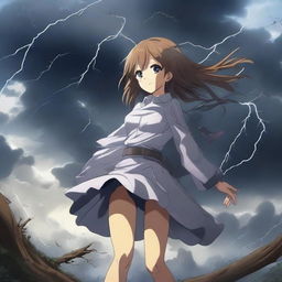 A dramatic scene featuring a hot anime girl caught in a tornado, holding onto a tree for dear life with one hand