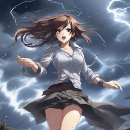 A dramatic scene featuring a hot anime girl caught in a tornado, holding onto a tree for dear life with one hand