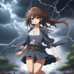 A dramatic scene featuring a hot anime girl caught in a tornado, holding onto a tree for dear life with one hand