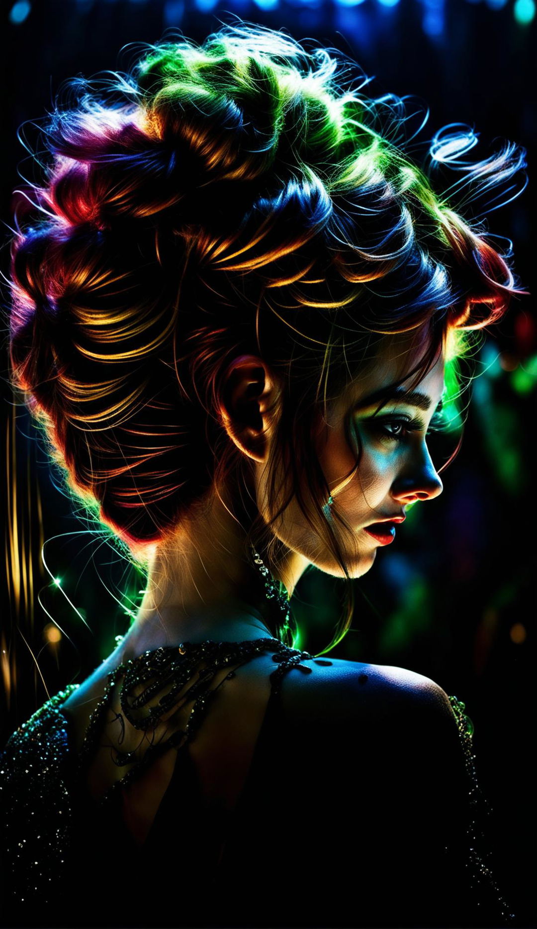 A digital portrait of an individual with an elaborate hairstyle in vibrant hues and dynamic lighting highlighting their facial features.