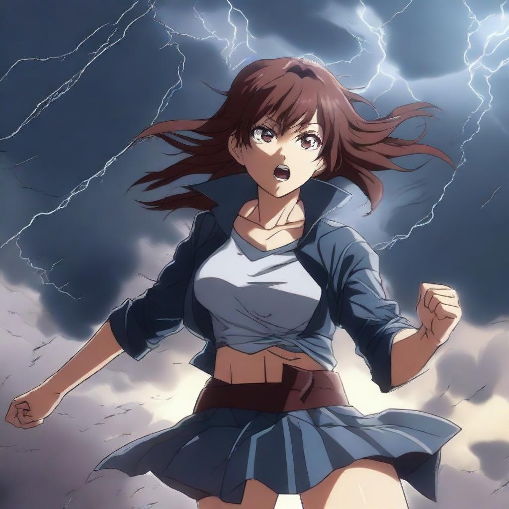 A dramatic scene featuring a hot anime girl being pulled towards a powerful tornado