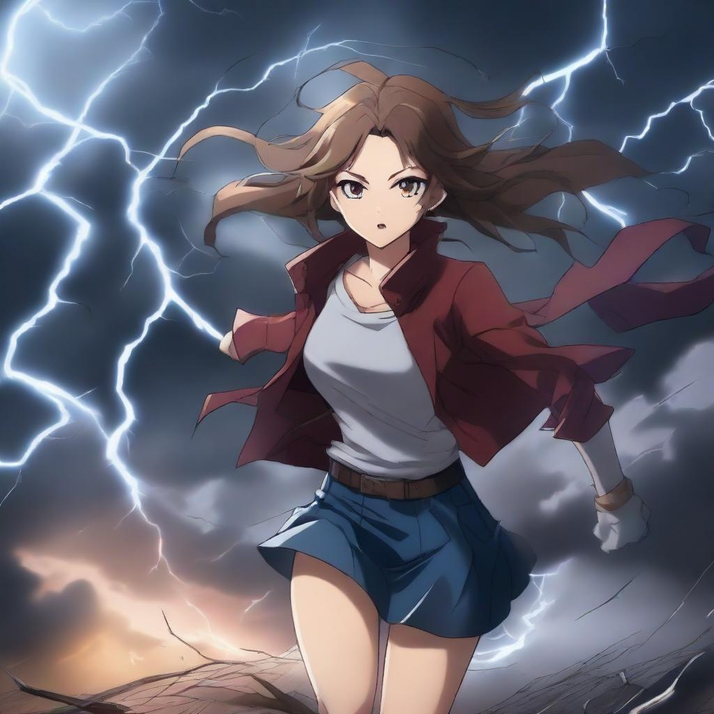 A dramatic scene featuring a hot anime girl being pulled towards a powerful tornado