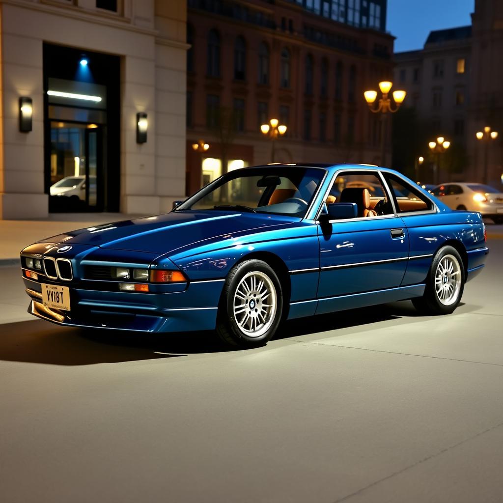 A BMW 850CSi painted in a rich and vibrant china blue color