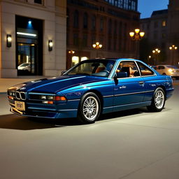 A BMW 850CSi painted in a rich and vibrant china blue color