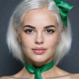 Photo of events of a girl, average build, with white hair. Proportional long square facial features, dimples in the cheeks, bow lips, large black eyebrows, smooth green medium eyes, swarthy skin.