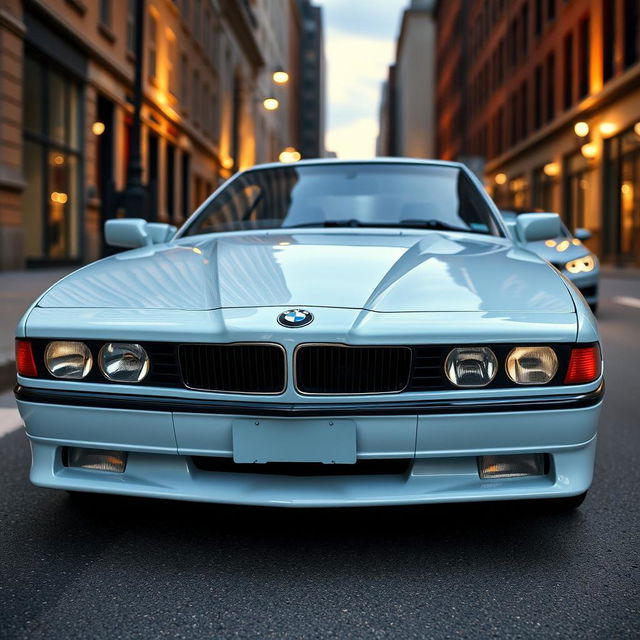 A BMW 850CSi painted in a soft and elegant baby blue color