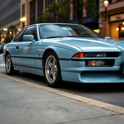 A BMW 850CSi painted in a soft and elegant baby blue color