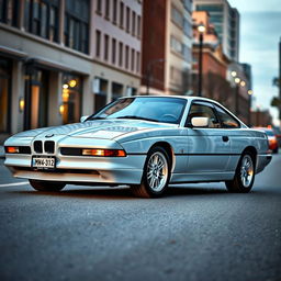 A BMW 850CSi painted in a soft and elegant baby blue color