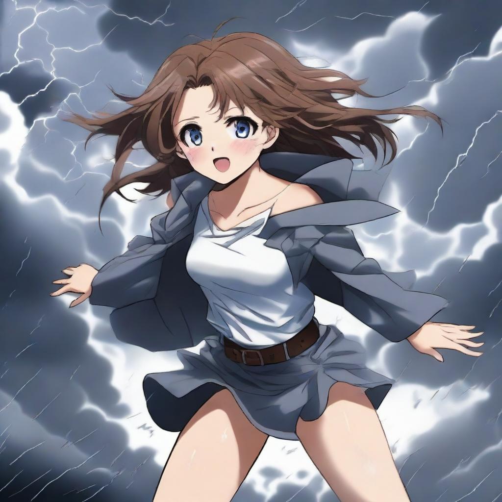 A dramatic scene featuring a cute, hot anime girl caught in a tornado