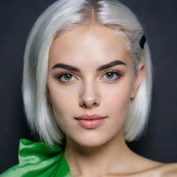 Photo of events of a girl, average build, with white hair. Proportional long square facial features, dimples in the cheeks, bow lips, large black eyebrows, smooth green medium eyes, swarthy skin.