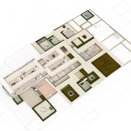 A 3D composition of a colonial and modern mixed habitat plan. Showcase how the blend of these two styles unfolds in a spatial layout