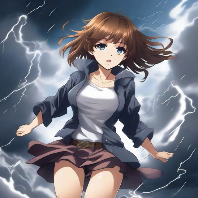 A dramatic scene featuring a cute, hot anime girl caught in a tornado