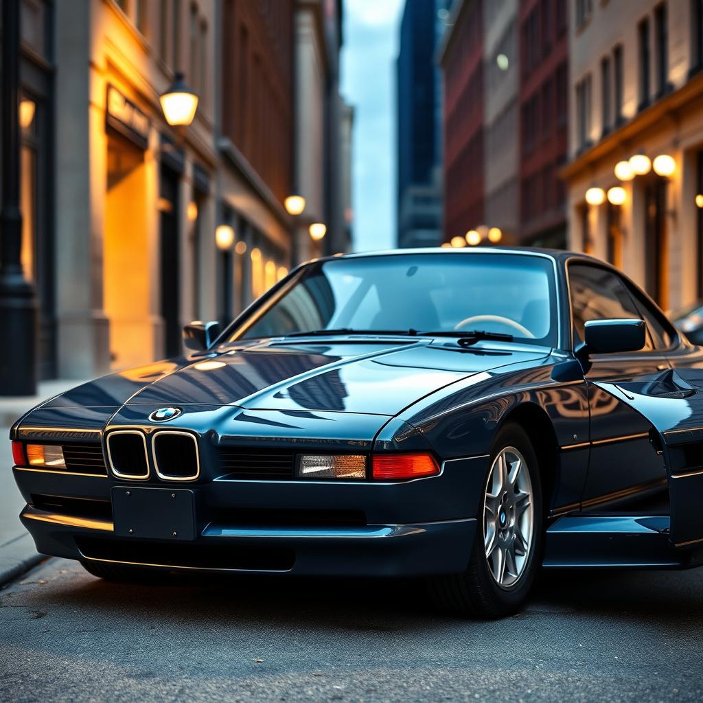 A BMW 850CSi painted in a stylish and unique dark baby blue color