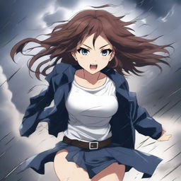 A dramatic scene featuring a cute, hot anime girl caught in a tornado