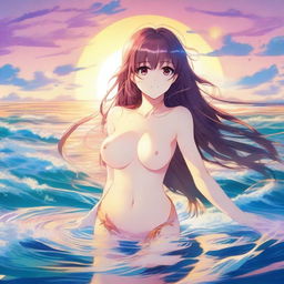 A beautiful anime girl with long flowing hair, wearing a bikini, standing in a whirlpool at the beach