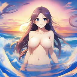 A beautiful anime girl with long flowing hair, wearing a bikini, standing in a whirlpool at the beach