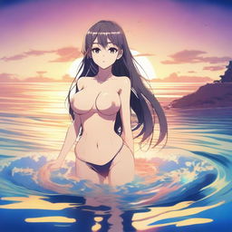 A beautiful anime girl with long flowing hair, wearing a bikini, standing in a whirlpool at the beach