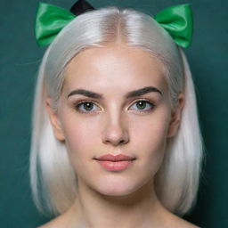 Photo of events of a girl, average build, with white hair. Proportional long square facial features, dimples in the cheeks, bow lips, large black eyebrows, smooth green medium eyes, swarthy skin.