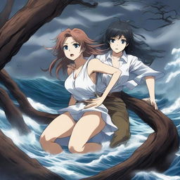 A dramatic scene featuring a hot anime girl clinging onto a tree branch for dear life while a powerful whirlpool tries to suck her underwater