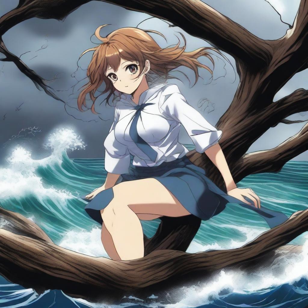 A dramatic scene featuring a hot anime girl clinging onto a tree branch for dear life while a powerful whirlpool tries to suck her underwater