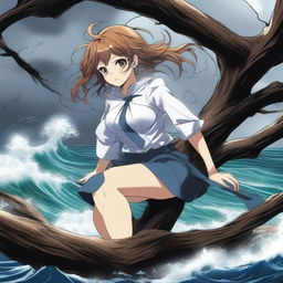 A dramatic scene featuring a hot anime girl clinging onto a tree branch for dear life while a powerful whirlpool tries to suck her underwater