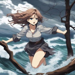 A dramatic scene featuring a hot anime girl clinging onto a tree branch for dear life while being pulled by a powerful whirlpool