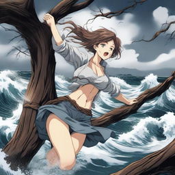 A dramatic scene featuring a hot anime girl clinging onto a tree branch for dear life while being pulled by a powerful whirlpool