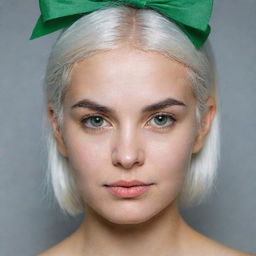 Photo of events of a girl, average build, with white hair. Proportional long square facial features, dimples in the cheeks, bow lips, large black eyebrows, smooth green medium eyes, swarthy skin.