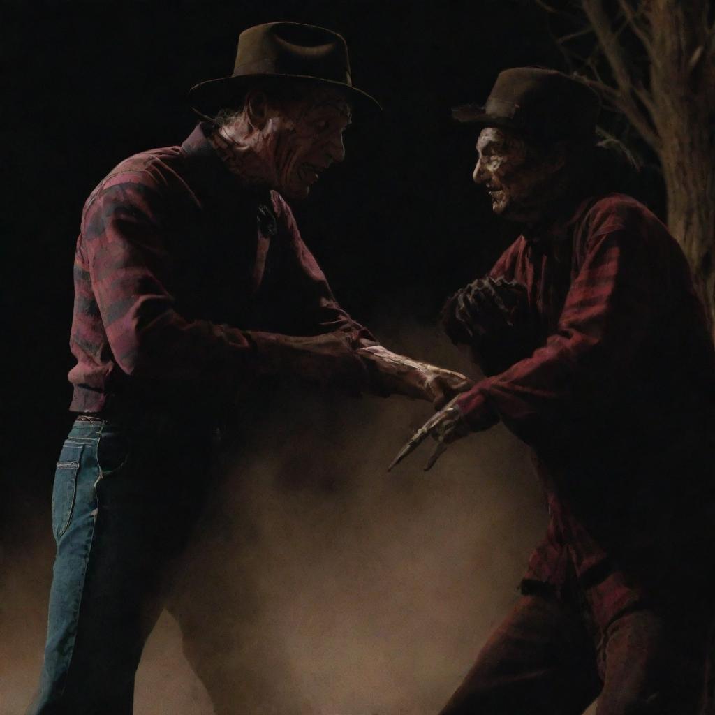 A dramatic showdown scene between Freddy Krueger and It, showcasing their unique aesthetics and terrifying powers in epic detail