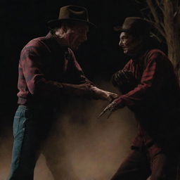 A dramatic showdown scene between Freddy Krueger and It, showcasing their unique aesthetics and terrifying powers in epic detail