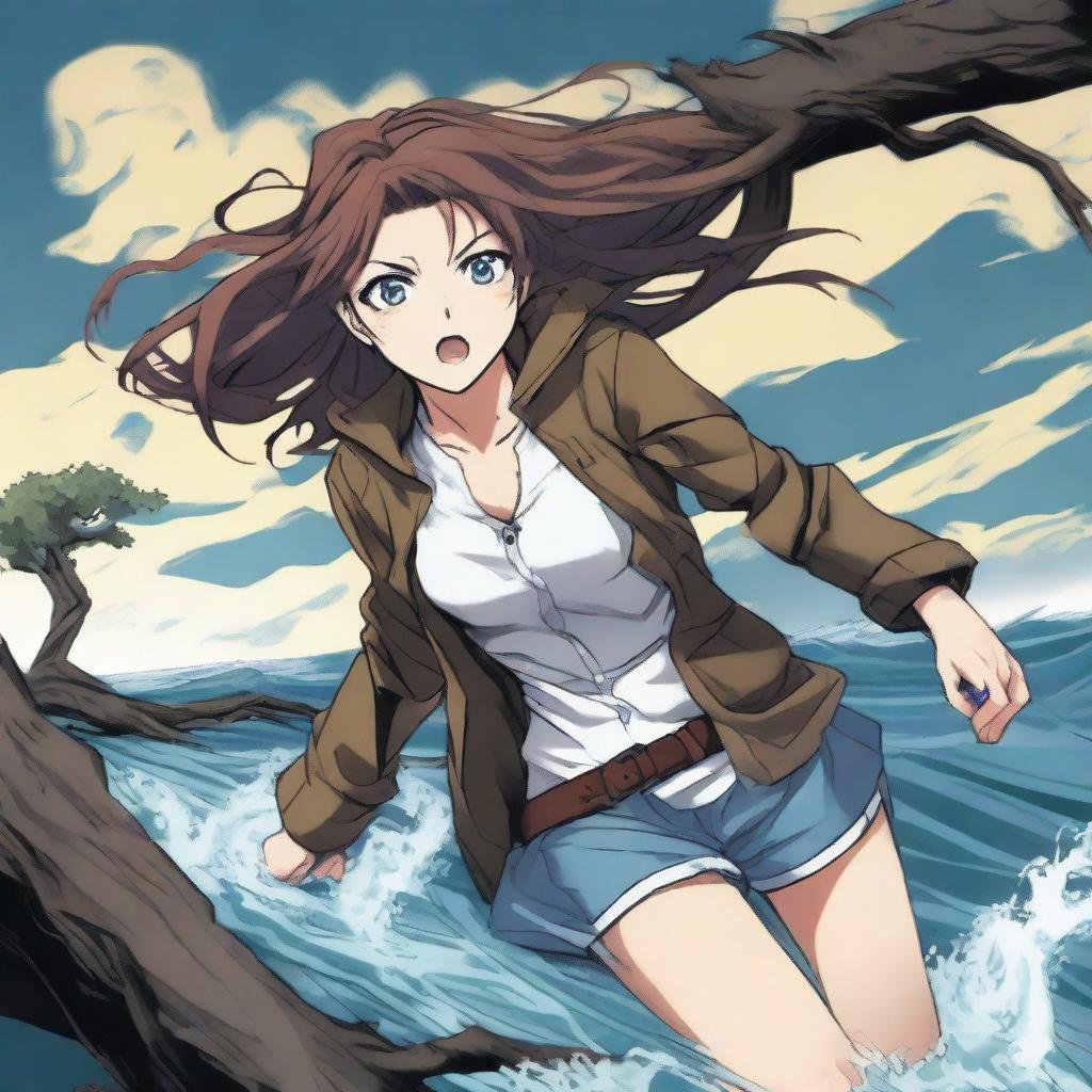 A dramatic scene featuring a hot anime girl clinging onto a tree branch for dear life while being pulled by a powerful whirlpool