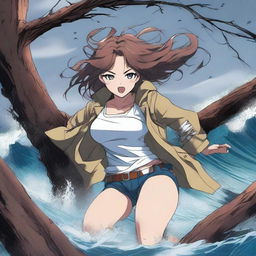 A dramatic scene featuring a hot anime girl clinging onto a tree branch for dear life while being pulled by a powerful whirlpool