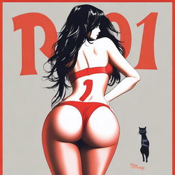 Create an image of a woman from the back, with long black hair and very large buttocks, wearing sexy red lingerie