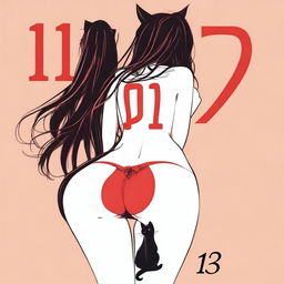 Create an image of a woman from the back, with long black hair and very large buttocks, wearing sexy red lingerie