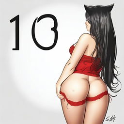 Create an image of a woman from the back, with long black hair and very large buttocks, wearing sexy red lingerie