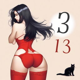 Create an image of a woman from the back, with long black hair and very large buttocks, wearing sexy red lingerie