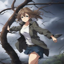 A dramatic scene featuring a hot anime girl clinging onto a tree branch for dear life while being pulled by a powerful tornado