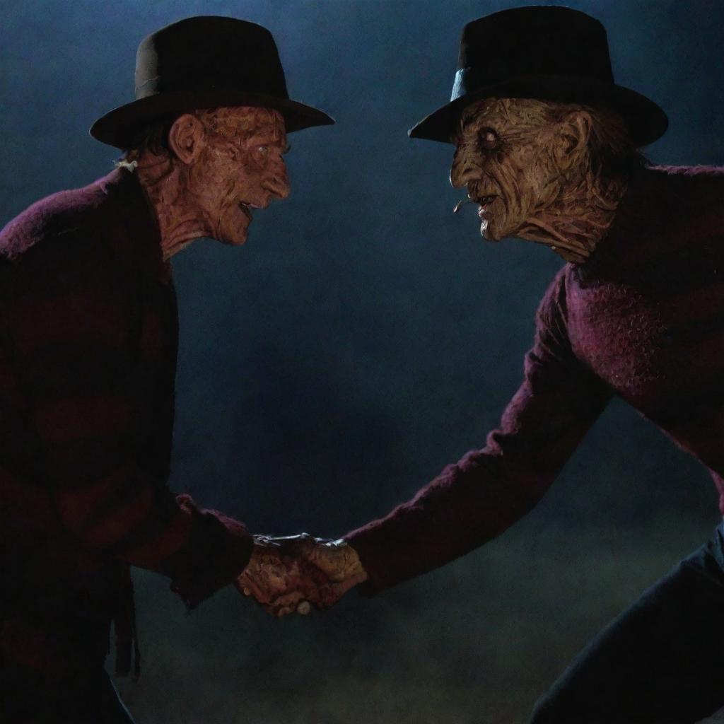 A dramatic showdown scene between Freddy Krueger and It, showcasing their unique aesthetics and terrifying powers in epic detail